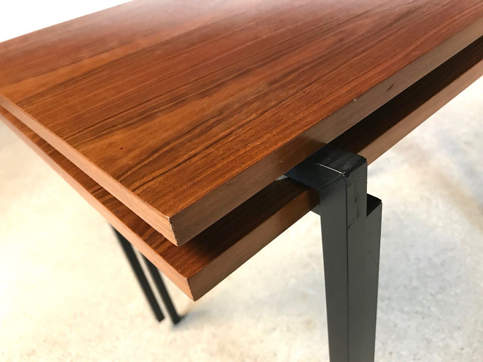 Minimalist walnut & steel stacking side tables, 1960s, Set of 2