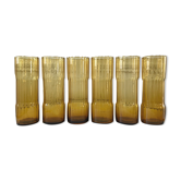 Set of 6 serrated amber glasses 70s