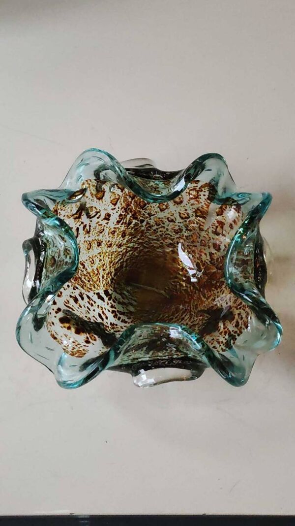 Vide poche corolle/floral. En verre soufflé Murano. Turquoise/Inclusions or/argent