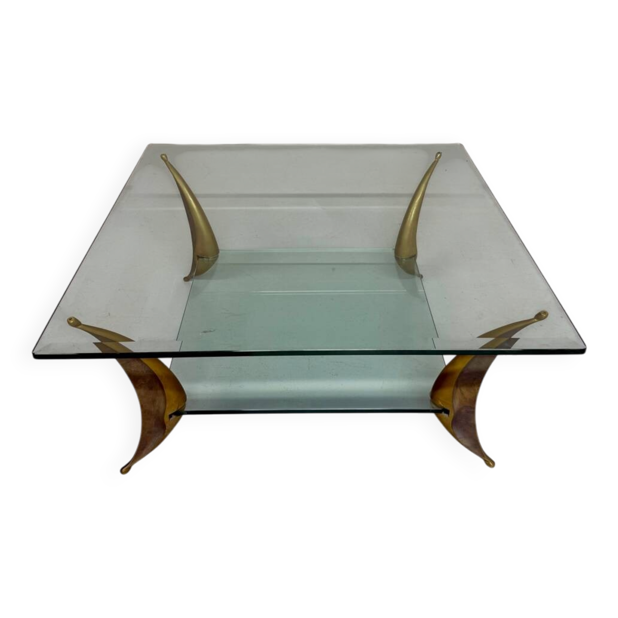 Glass coffee table with solid brass legs, Italian design from the 60s