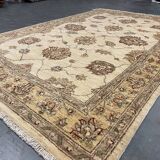 Handmade Cream Wool Rug, Traditional Floral Carpet for Bedroom Living Room