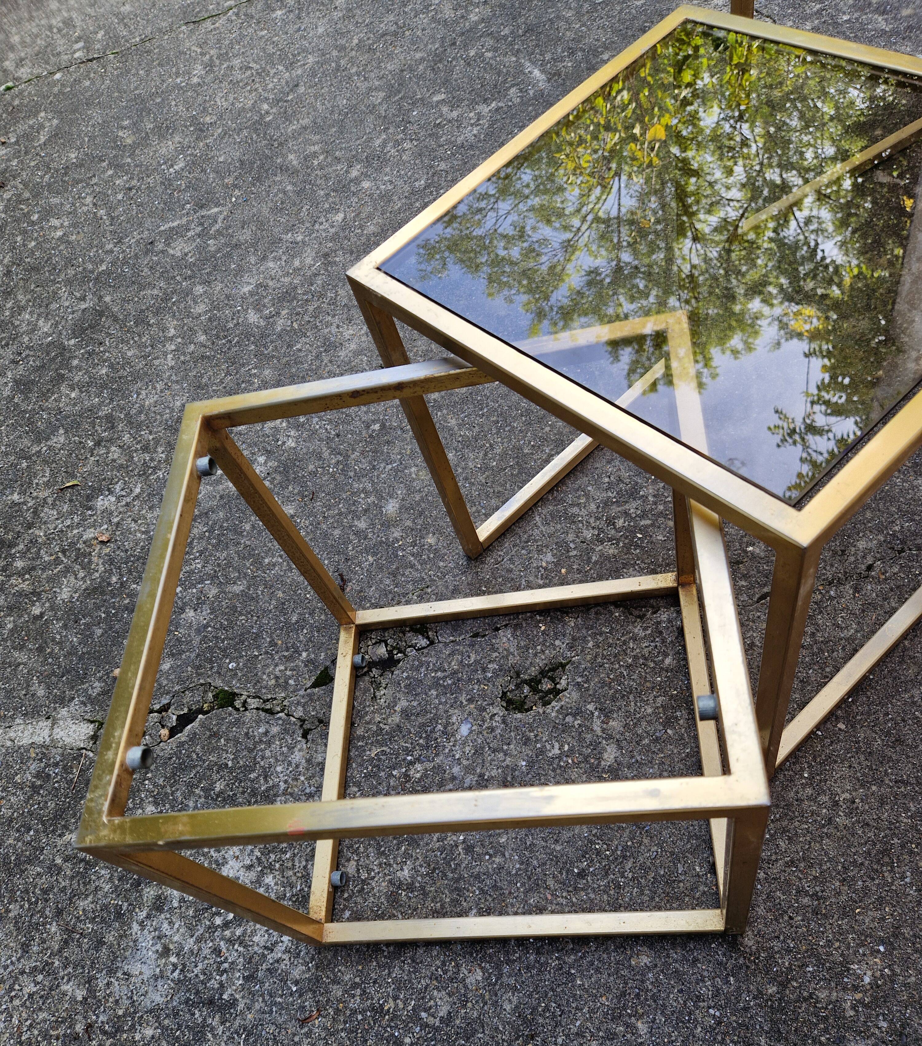Vintage 1980s gold metal and smoked glass nesting tables