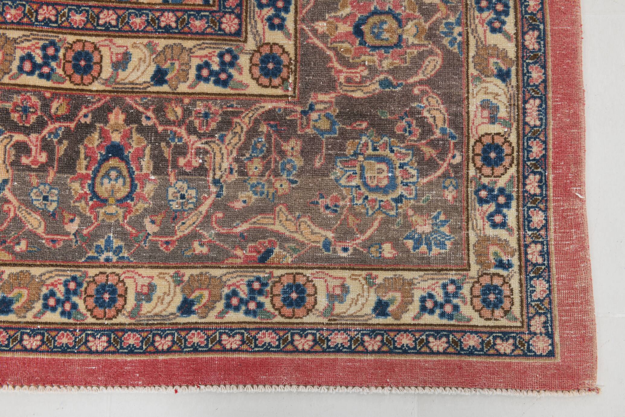 Tapis persan vintage en laine noué main, rouge, motifs floraux, 291x384 cm