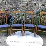 4 vintage Roche Bobois chairs from the 80s in beech with woven seats in blue fabric.