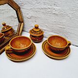 Paire tasses à déjeuner et sucrier faïence vernissée