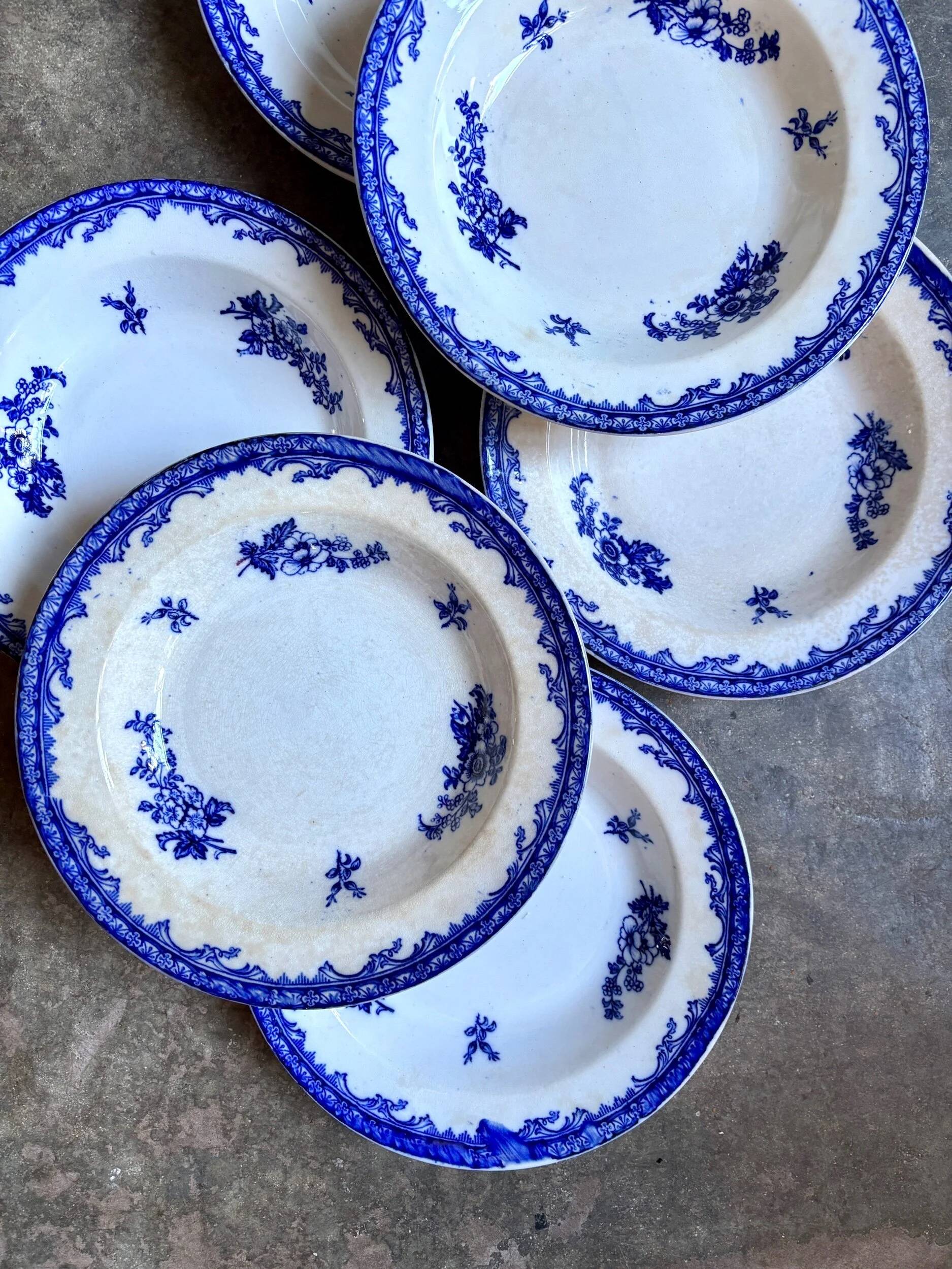 6 Staffordshire blue ironstone soup plates