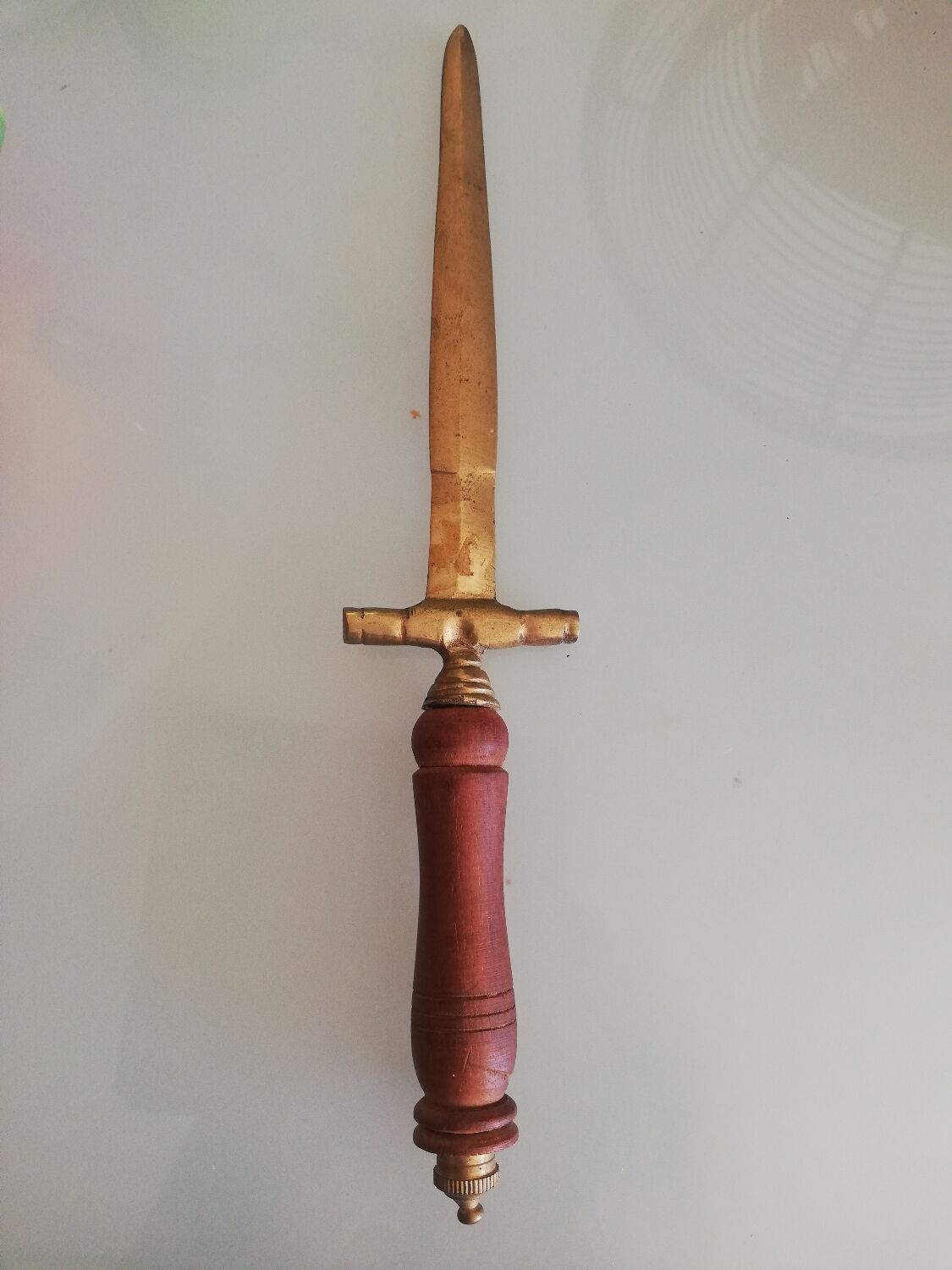 Sword-shaped letter opener paper cutter with turned wooden handle