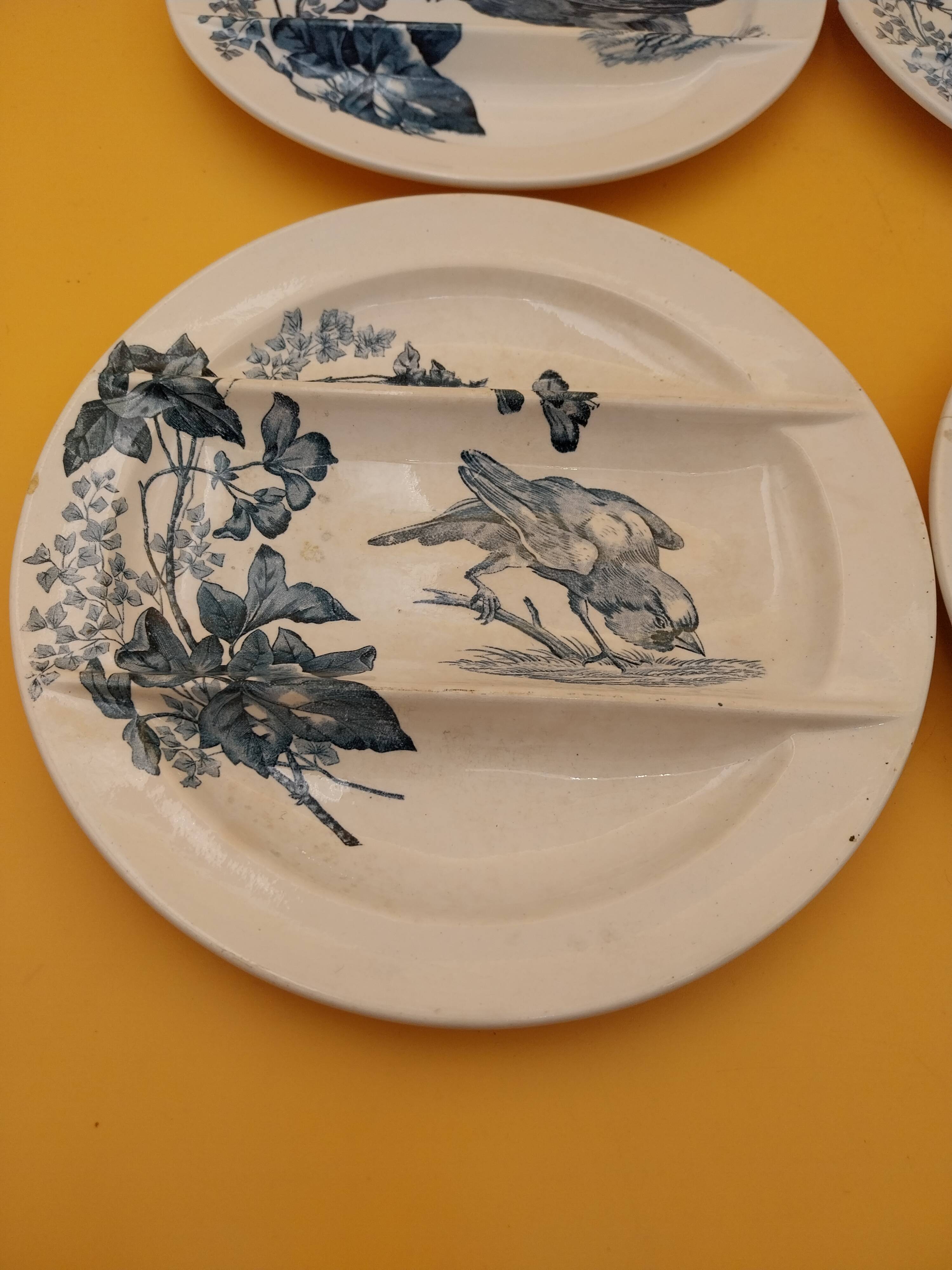 4 asparagus plates Longwy model Birds flowers blue decoration