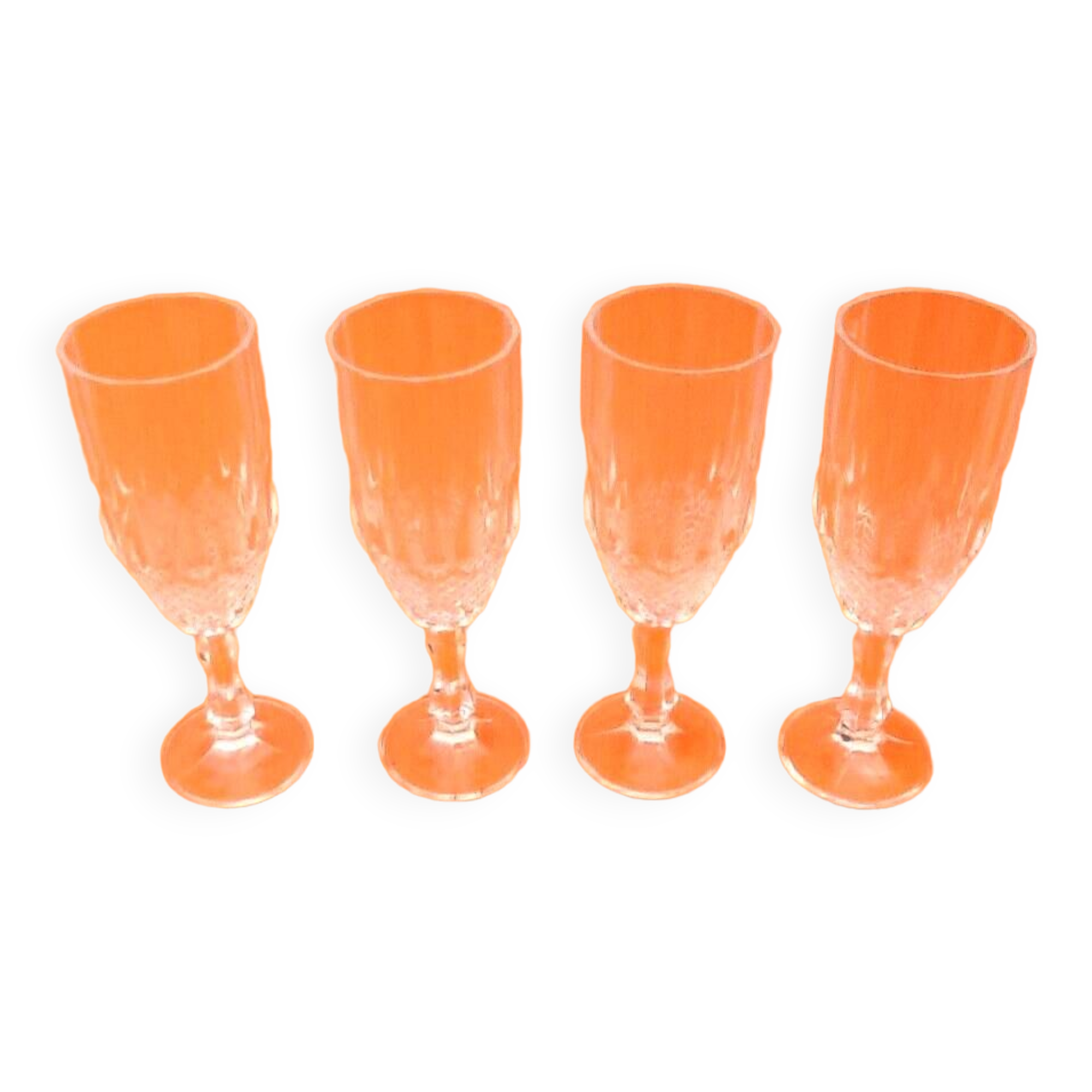 4 old Champagne flutes Transparent faceted glass / Honeycomb