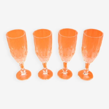 4 old Champagne flutes Transparent faceted glass / Honeycomb