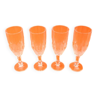 4 old Champagne flutes Transparent faceted glass / Honeycomb