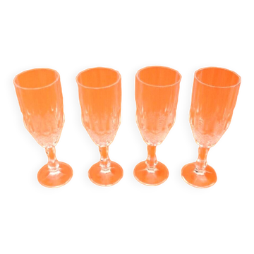 4 flûtes anciennes à Champagne  Verre transparent à facettes / Nid d' abeilles