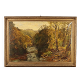 Old painting of a landscape on wood, oil on canvas, 19th century.
