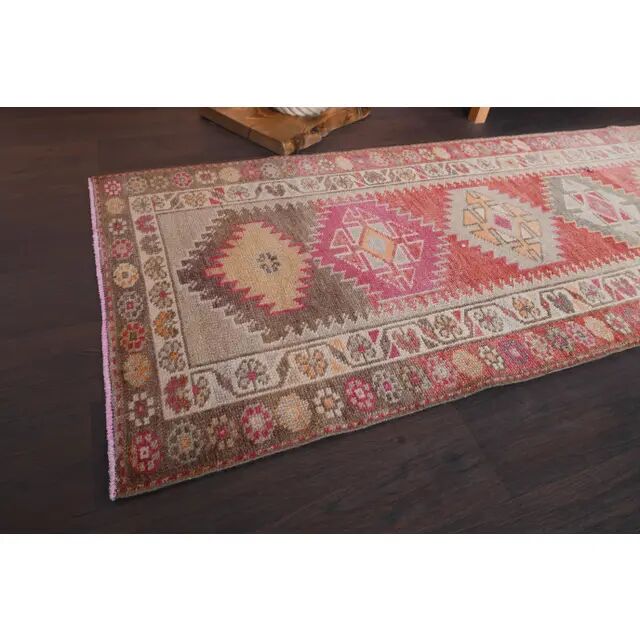 1970s Vintage Turkish Hand-Knotted Wool Cotton Red Runner Rug 82x334