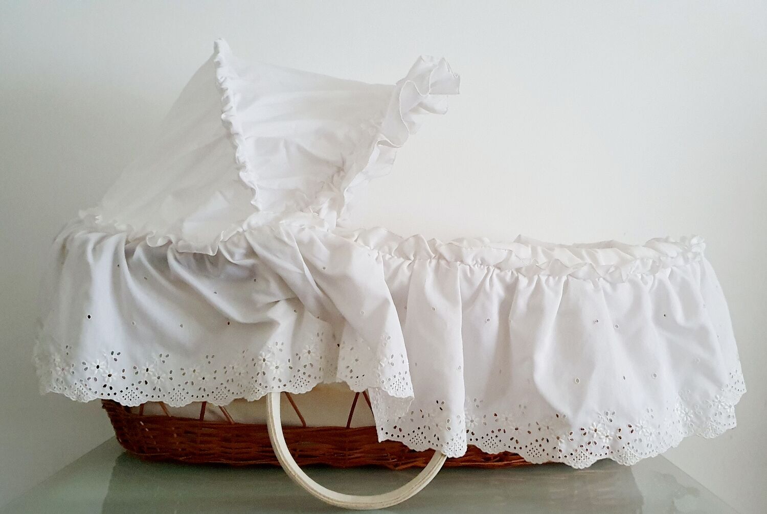 1970s rattan cradle/bassinet with hood and arch