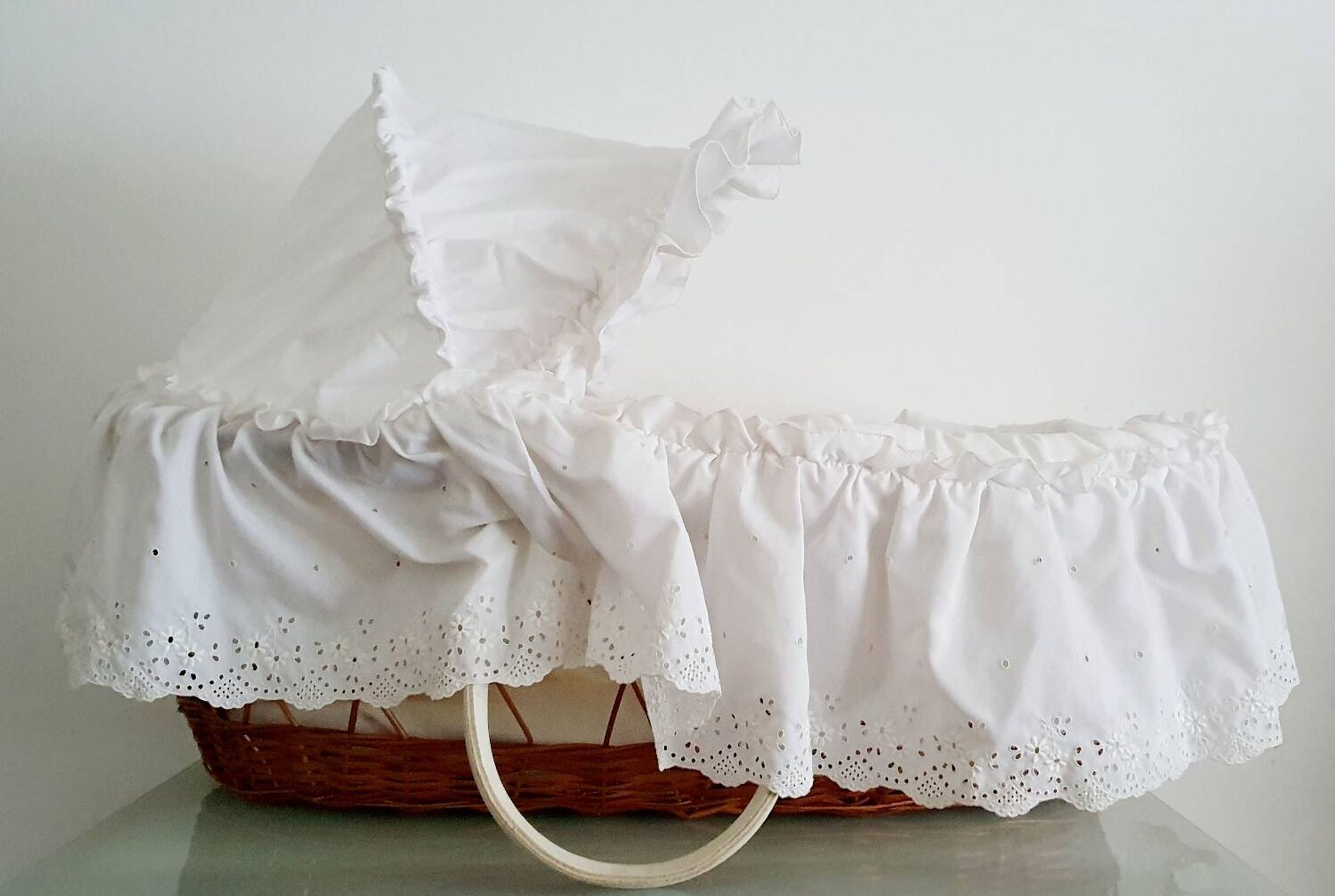 1970s rattan cradle/bassinet with hood and arch
