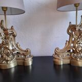 Paire de lampes anciennes en bronze style Louis XV Chenets d'époque XIX ème