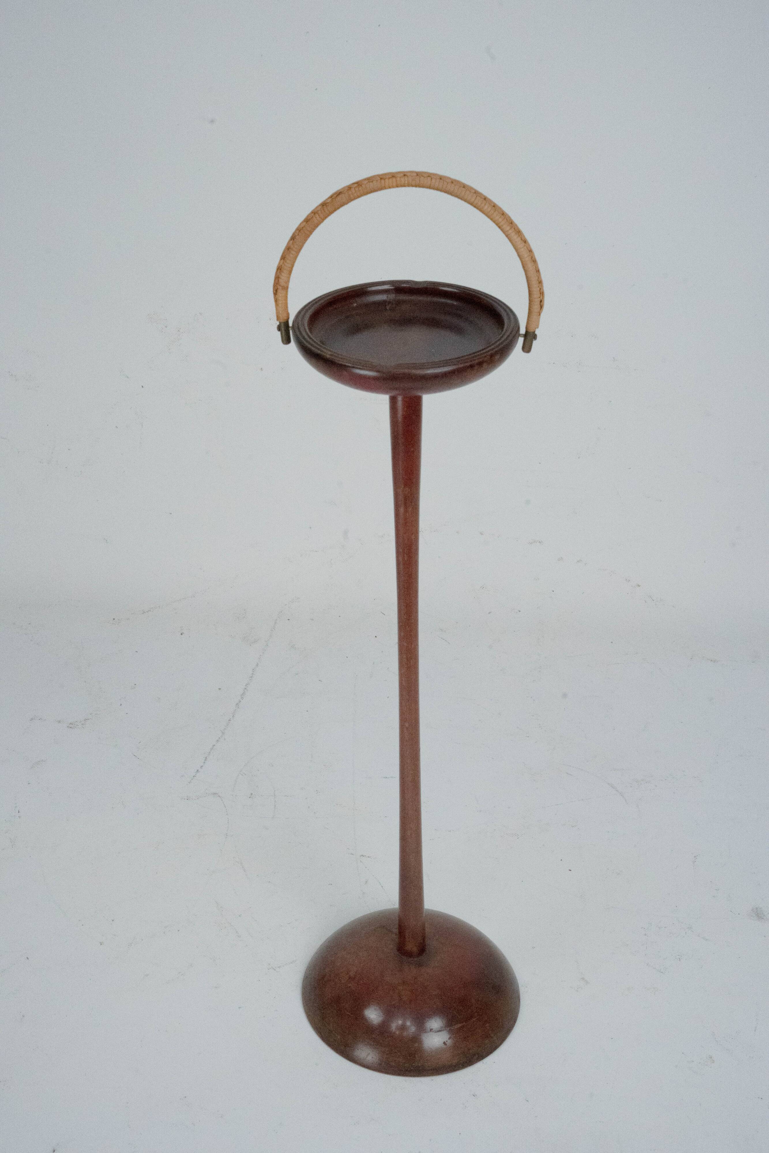 Vintage Wooden Ashtray Stand with Braided Leather Handle. Italy 1950s