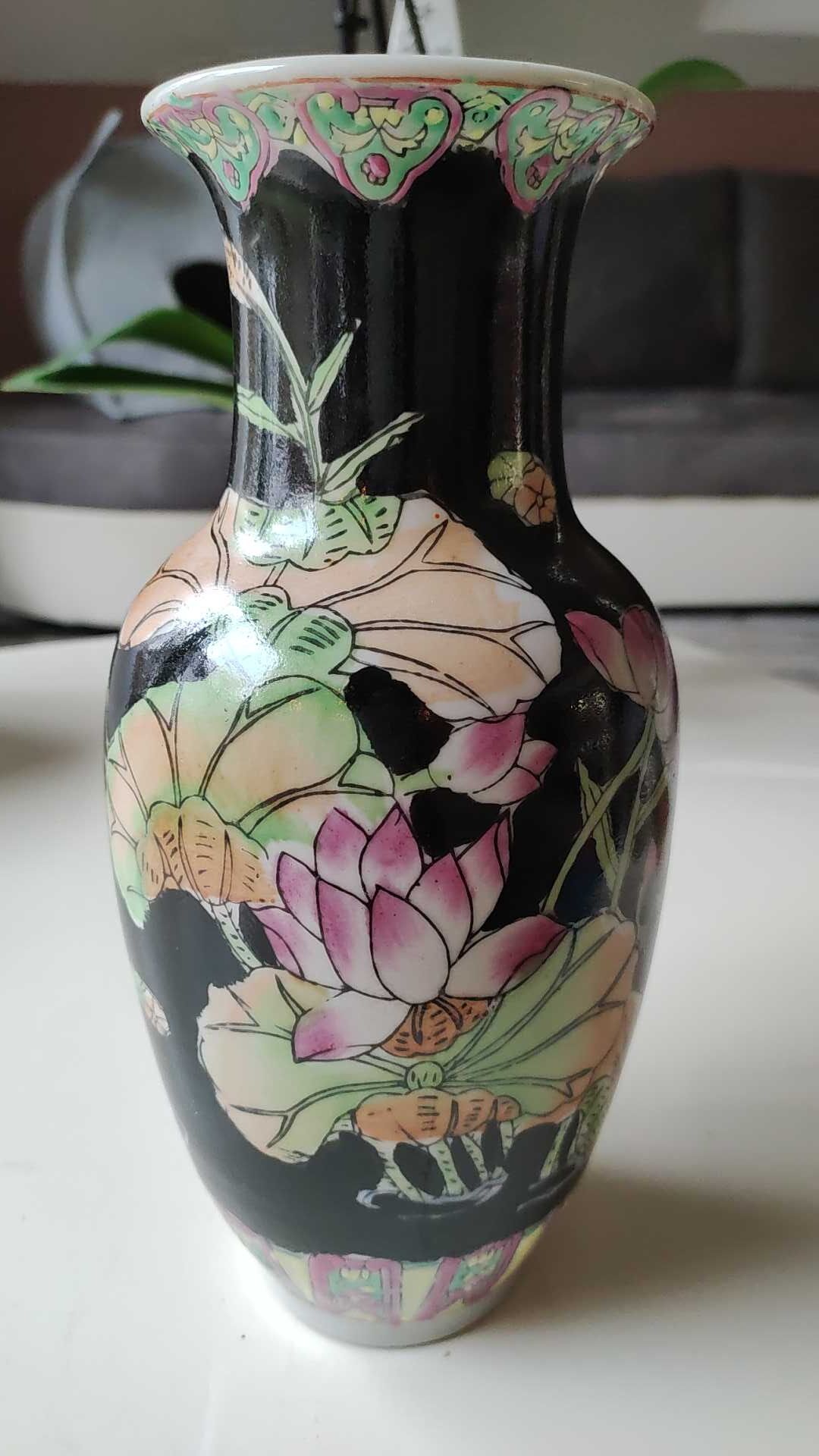 Vintage Asian/Chinese baluster vase, glazed ceramic - floral motifs/Exotic birds