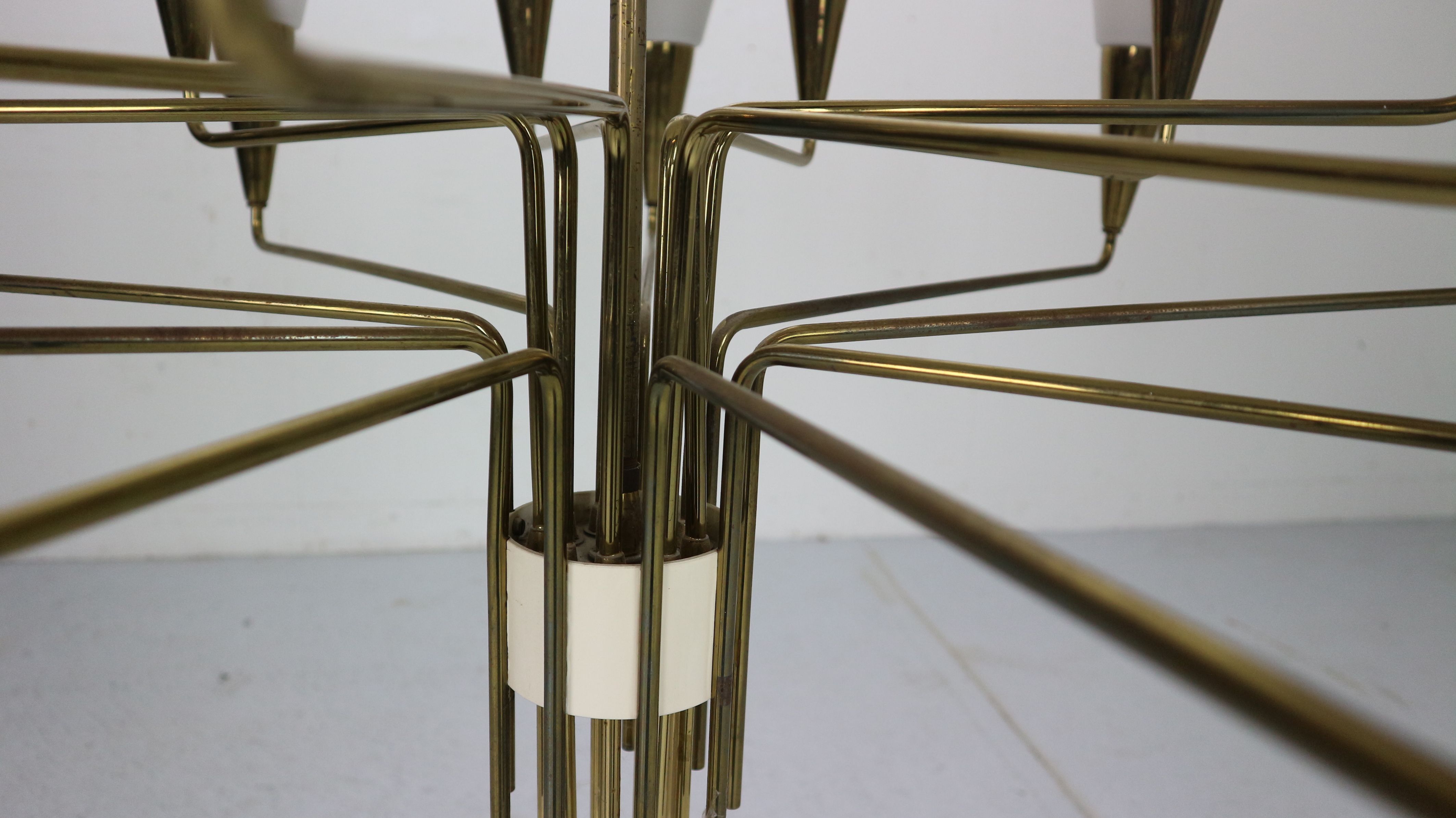 Italian mid-century modern brass and opaline glass chandelier, 1960