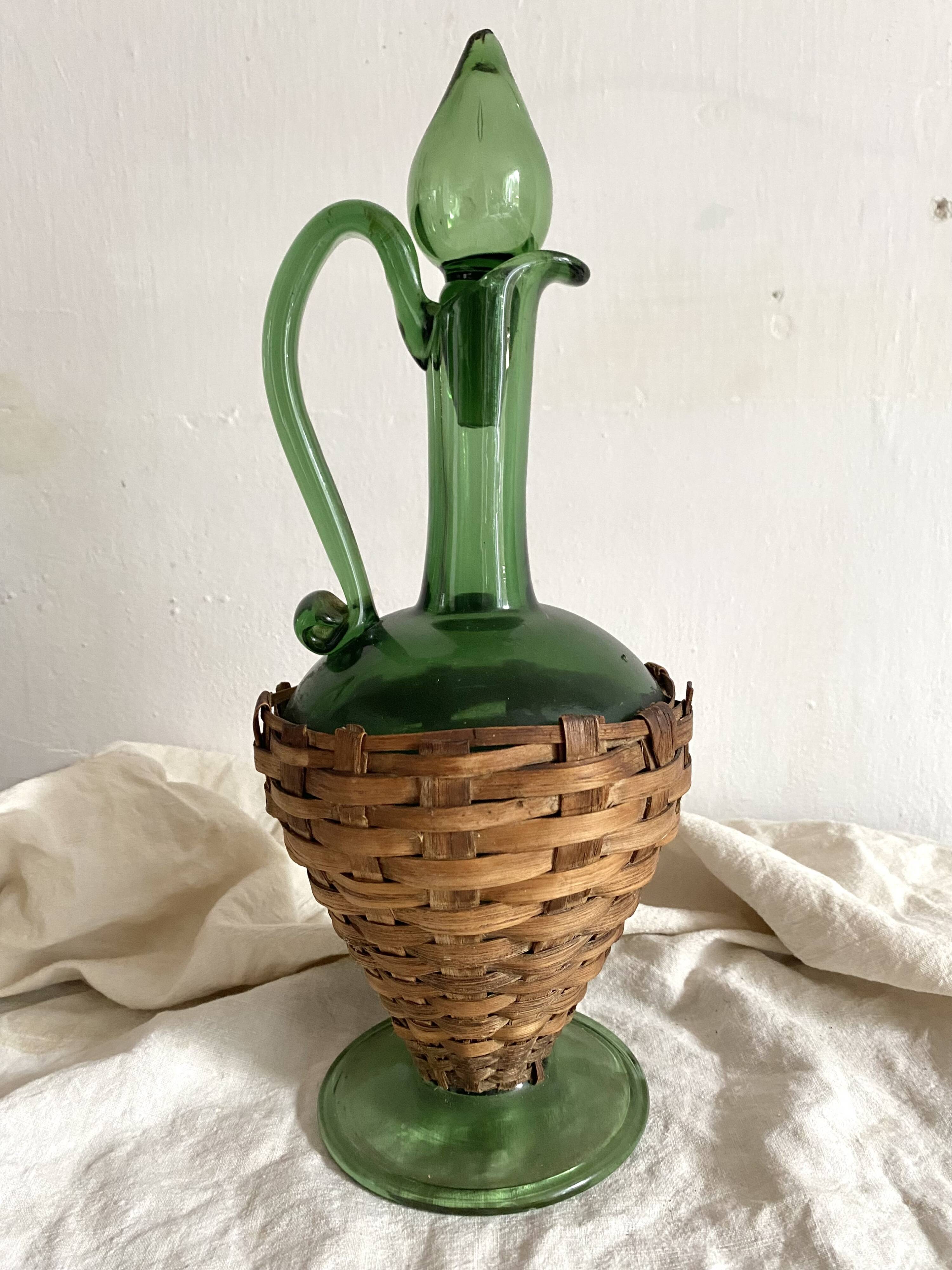 Vintage Italian Glass and Wicker Carafe