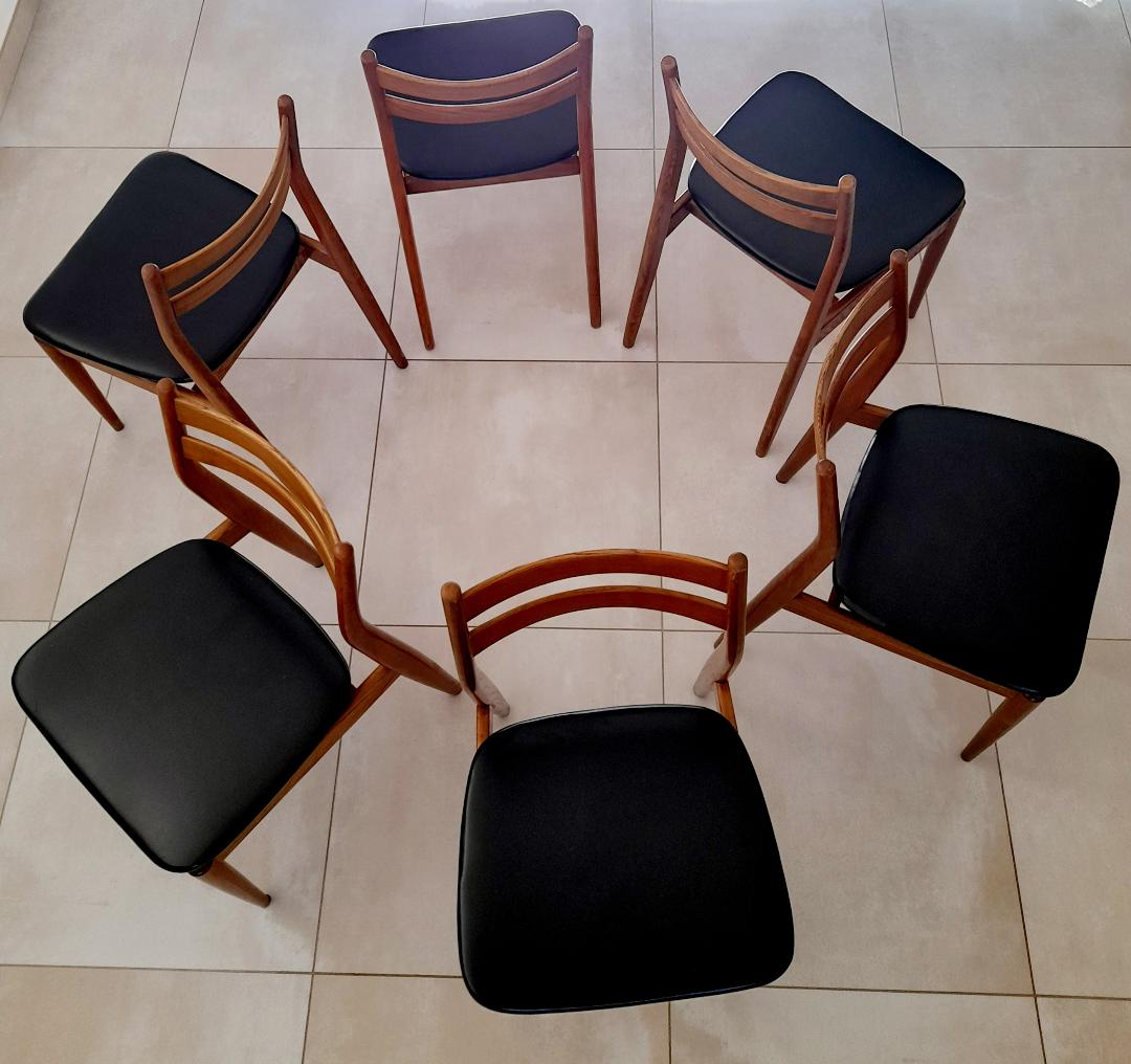 Suite of 6 chairs in beech and black skai