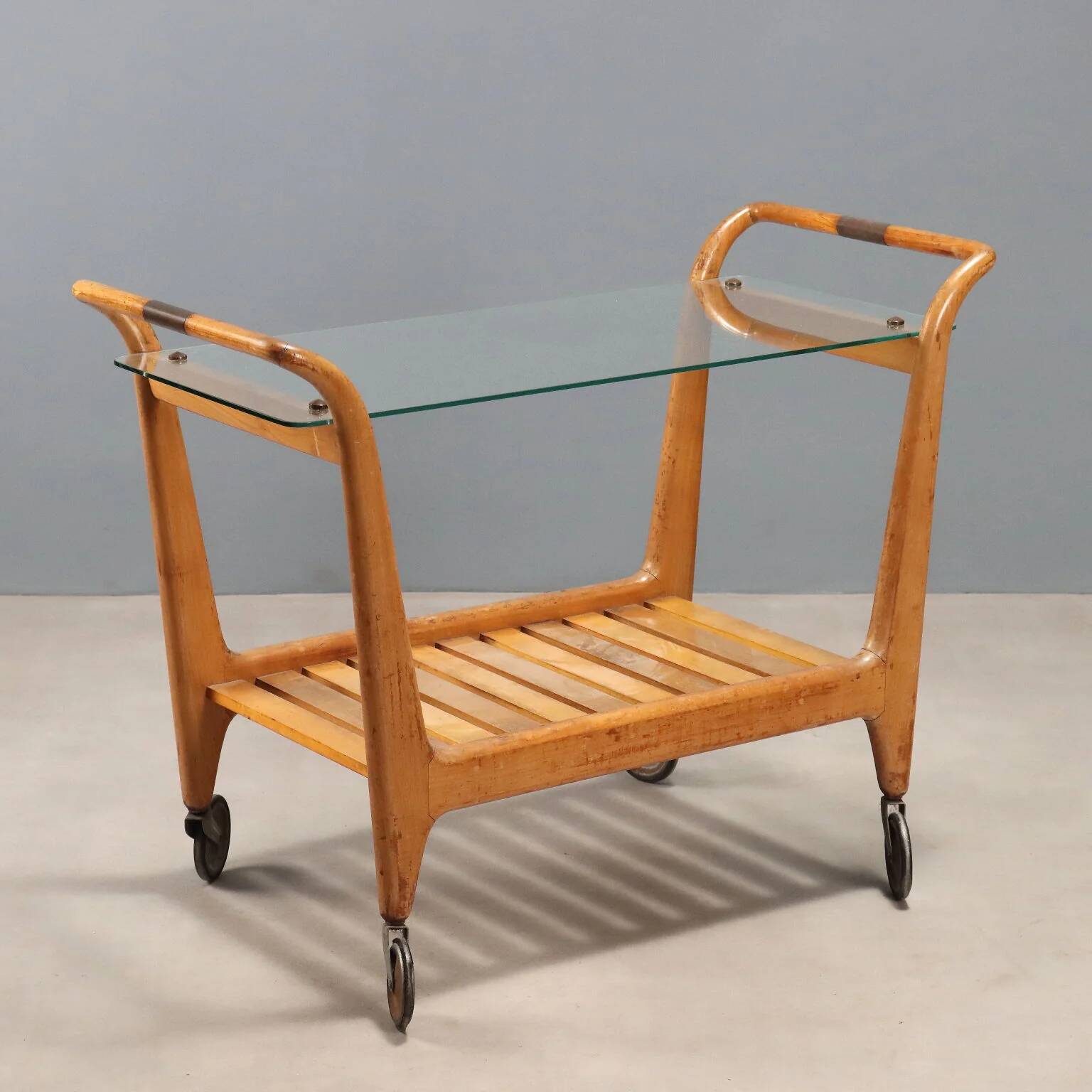 Vintage kitchen sideboard in beech, brass, and glass, Italian design, 1950s.