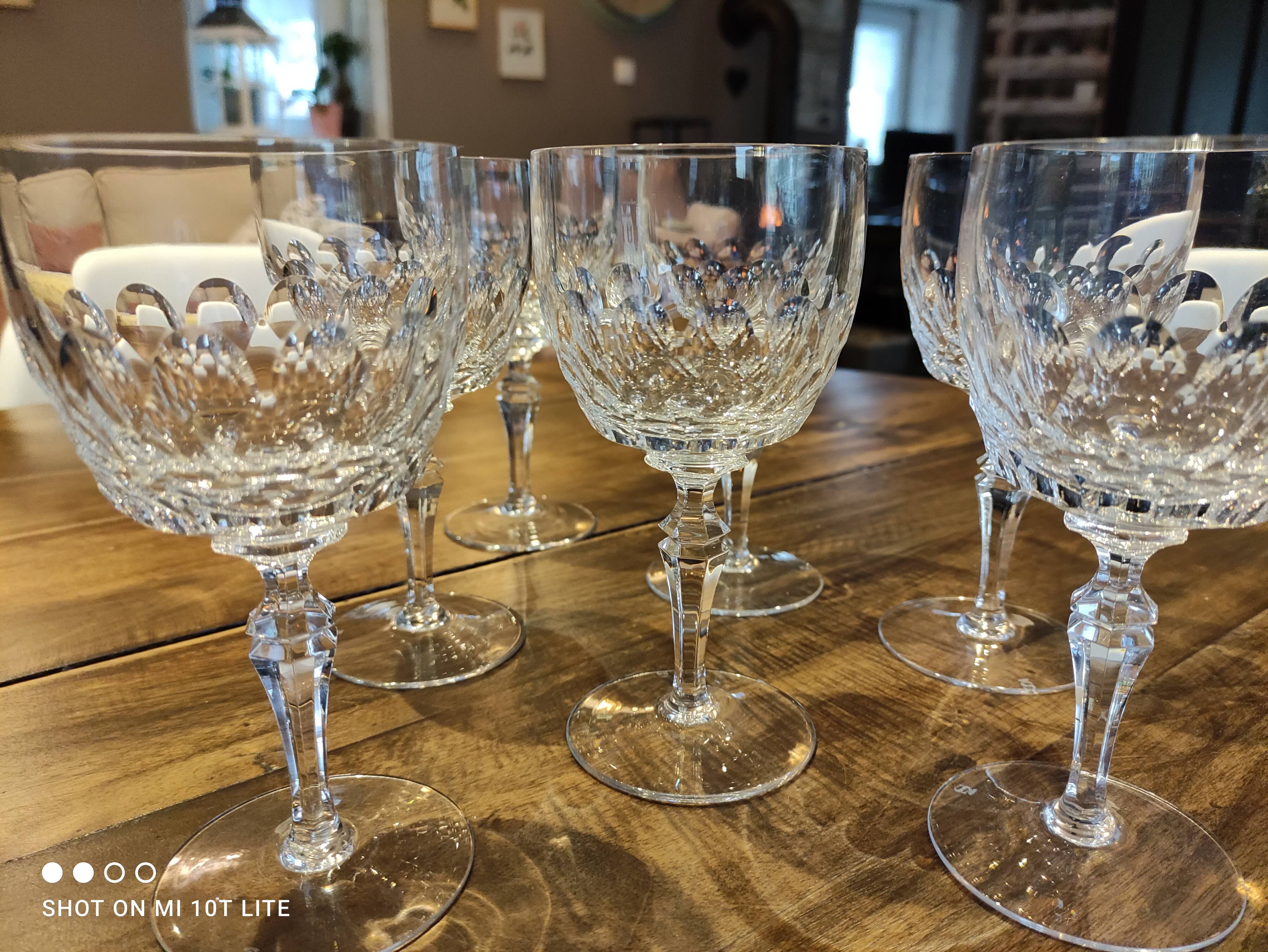 Set of 7 chiseled crystal wine glasses stamped with a crowned S