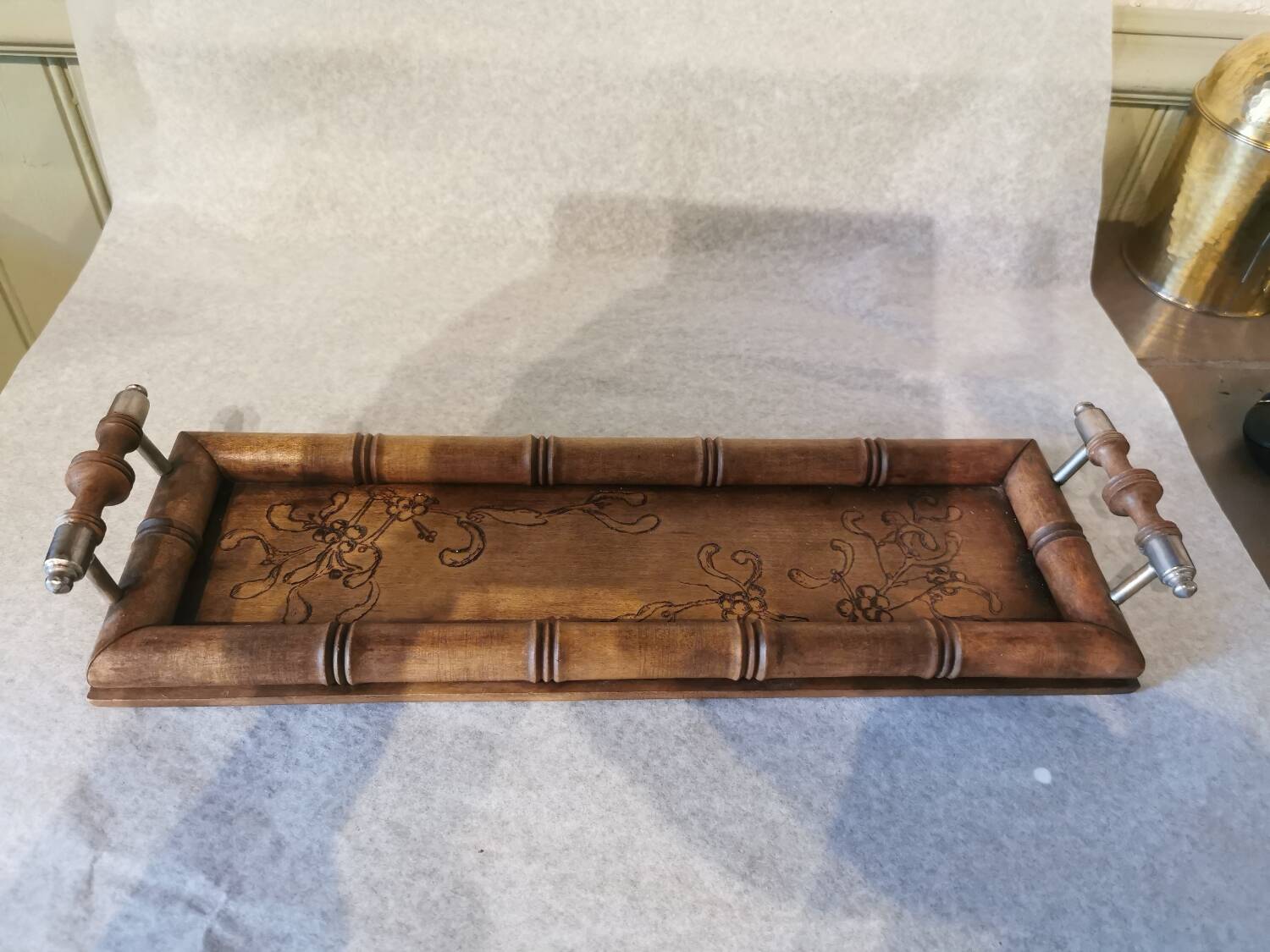 Art Nouveau wood and metal tray