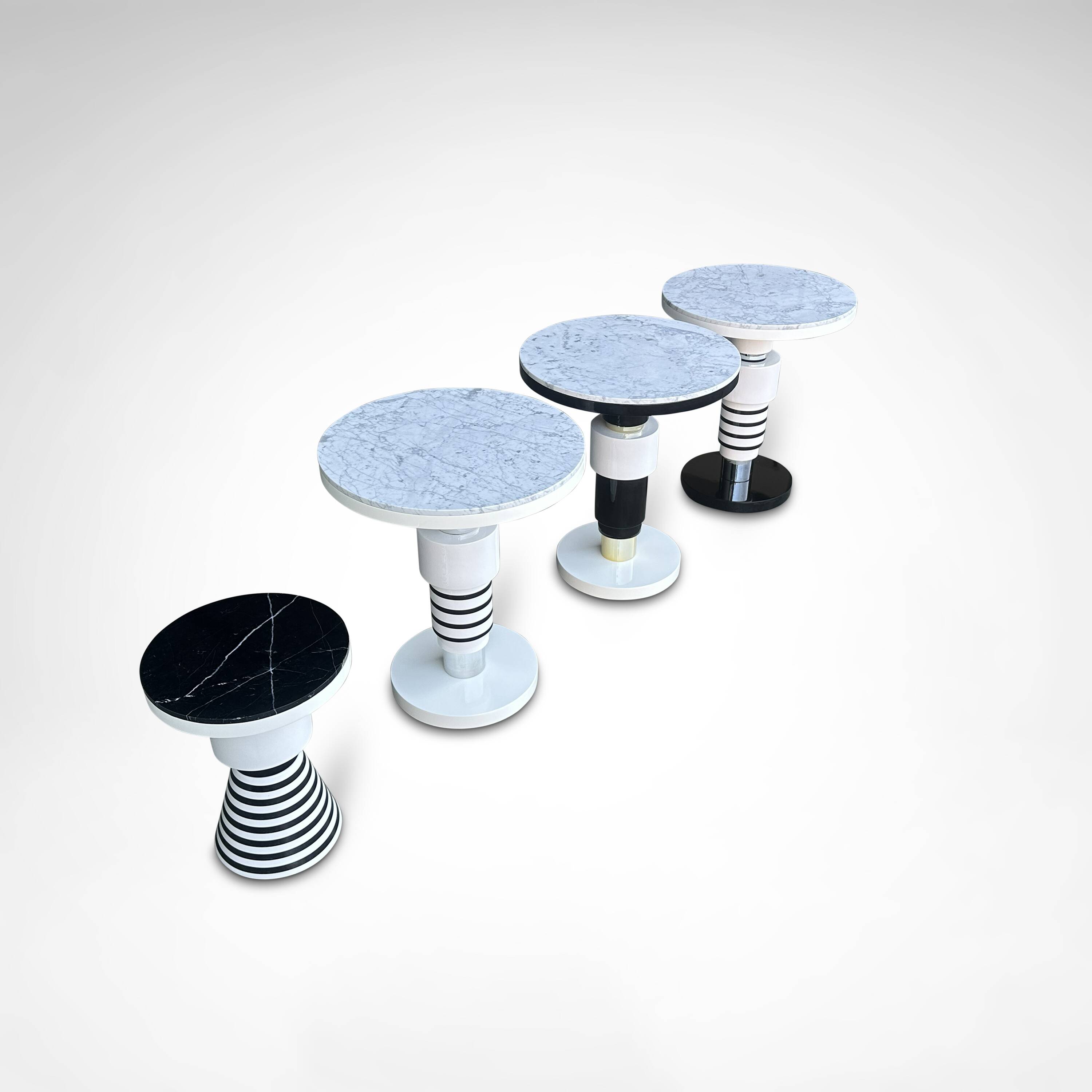 Hand crafted side tables of ceramic and marble in memphis style by casalto