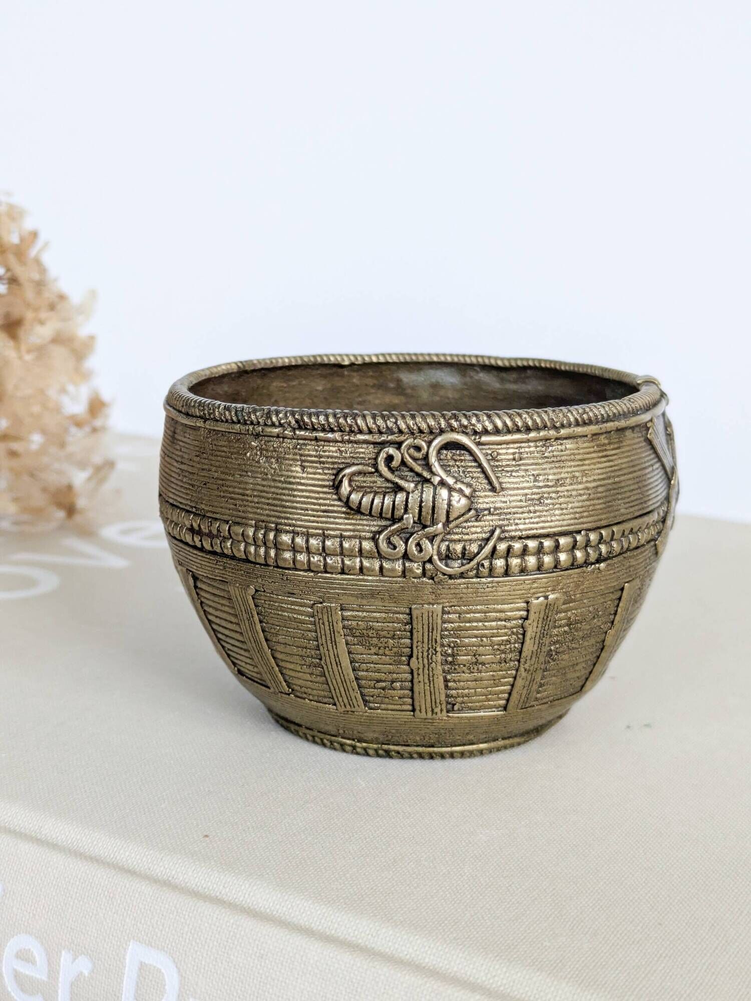 Vintage Brass Bowl Fish Scorpion Woven Texture