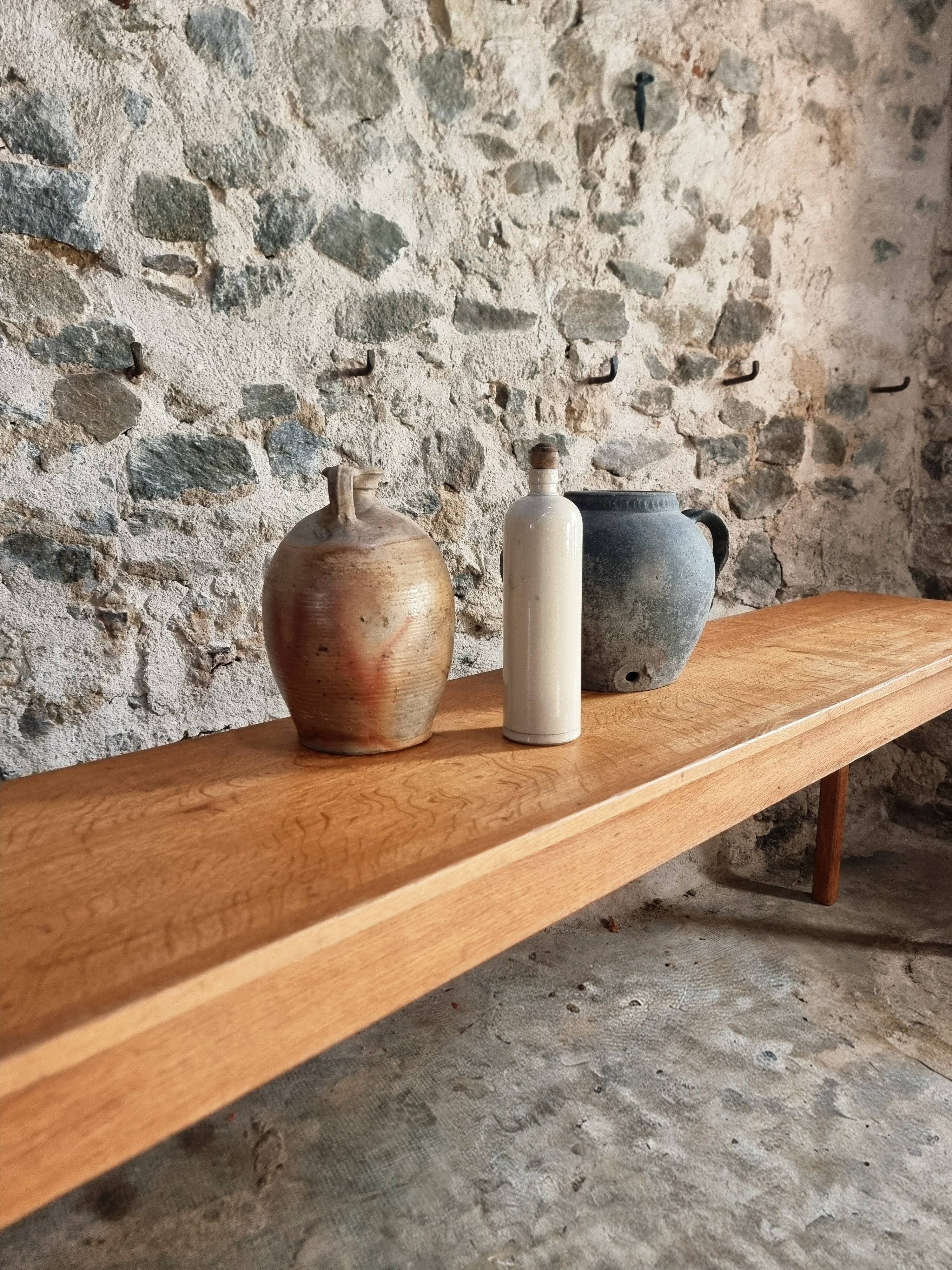 Old French oak console – Long and narrow farmhouse table 241 cm – Vichy hospital workshop from the 1950s