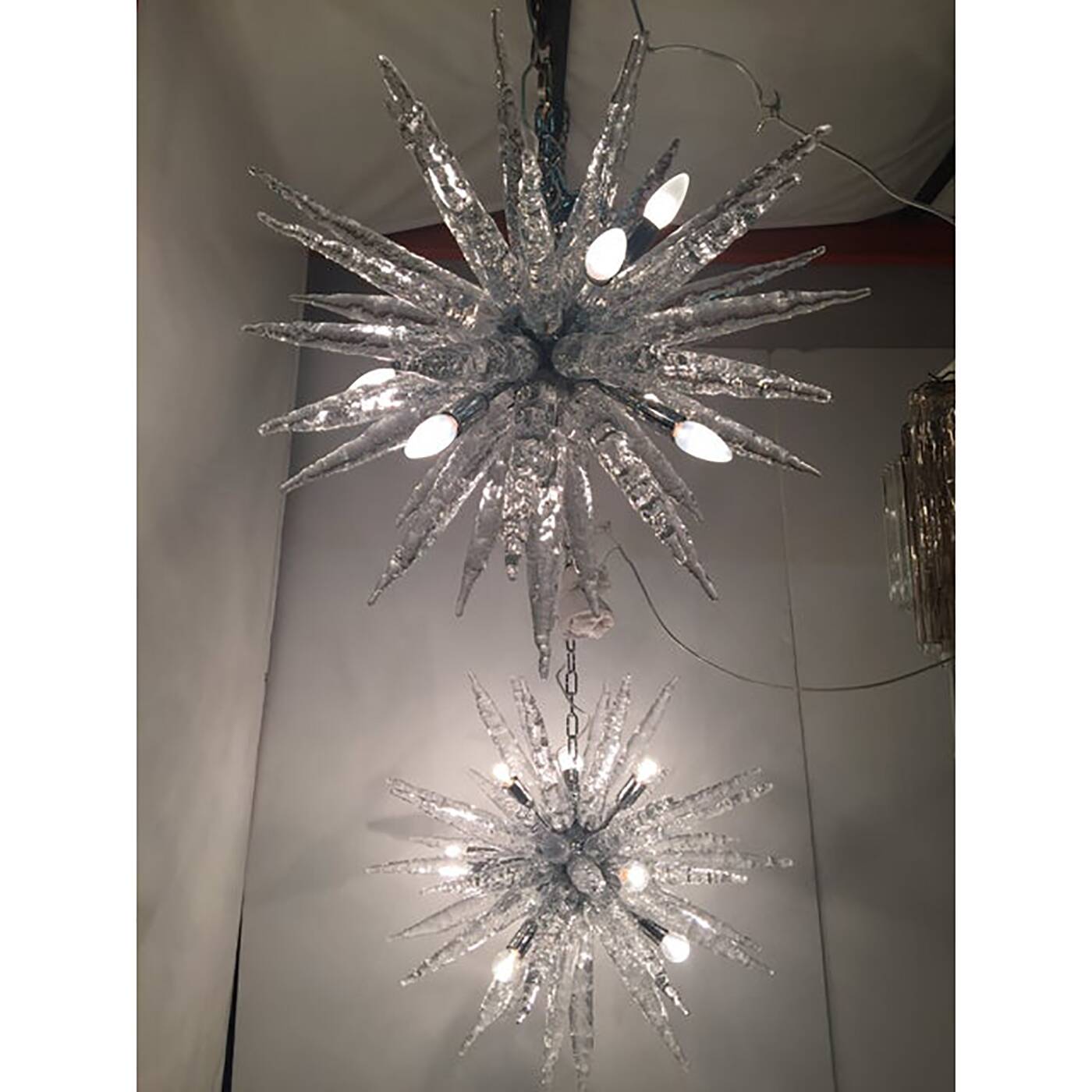 Set of 2 Murano Glass Ice Clear Sputnik Italian Chandelier