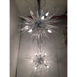 Set of 2 Murano Glass Ice Clear Sputnik Italian Chandelier
