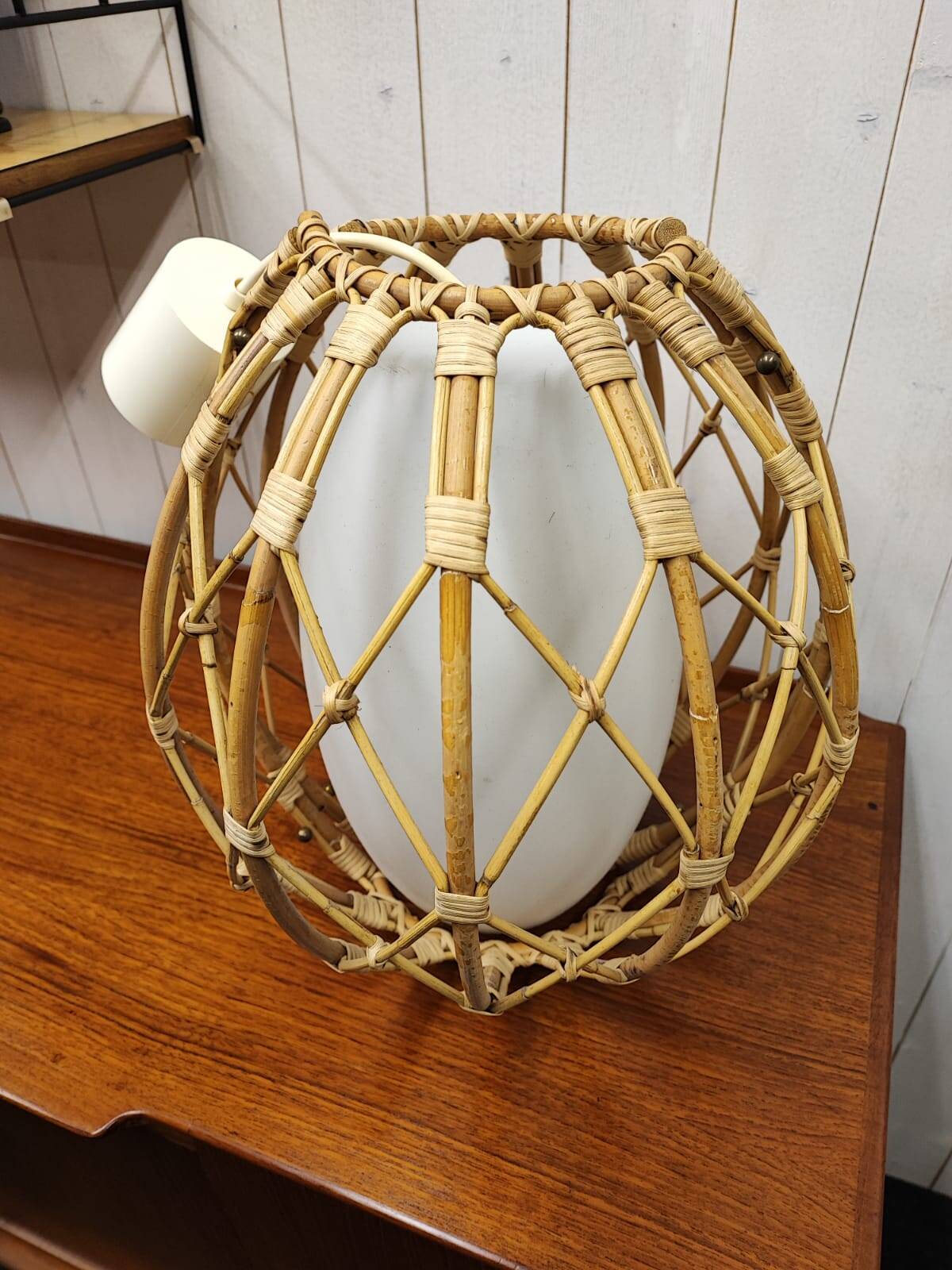 Vintage rattan and opaline pendant light