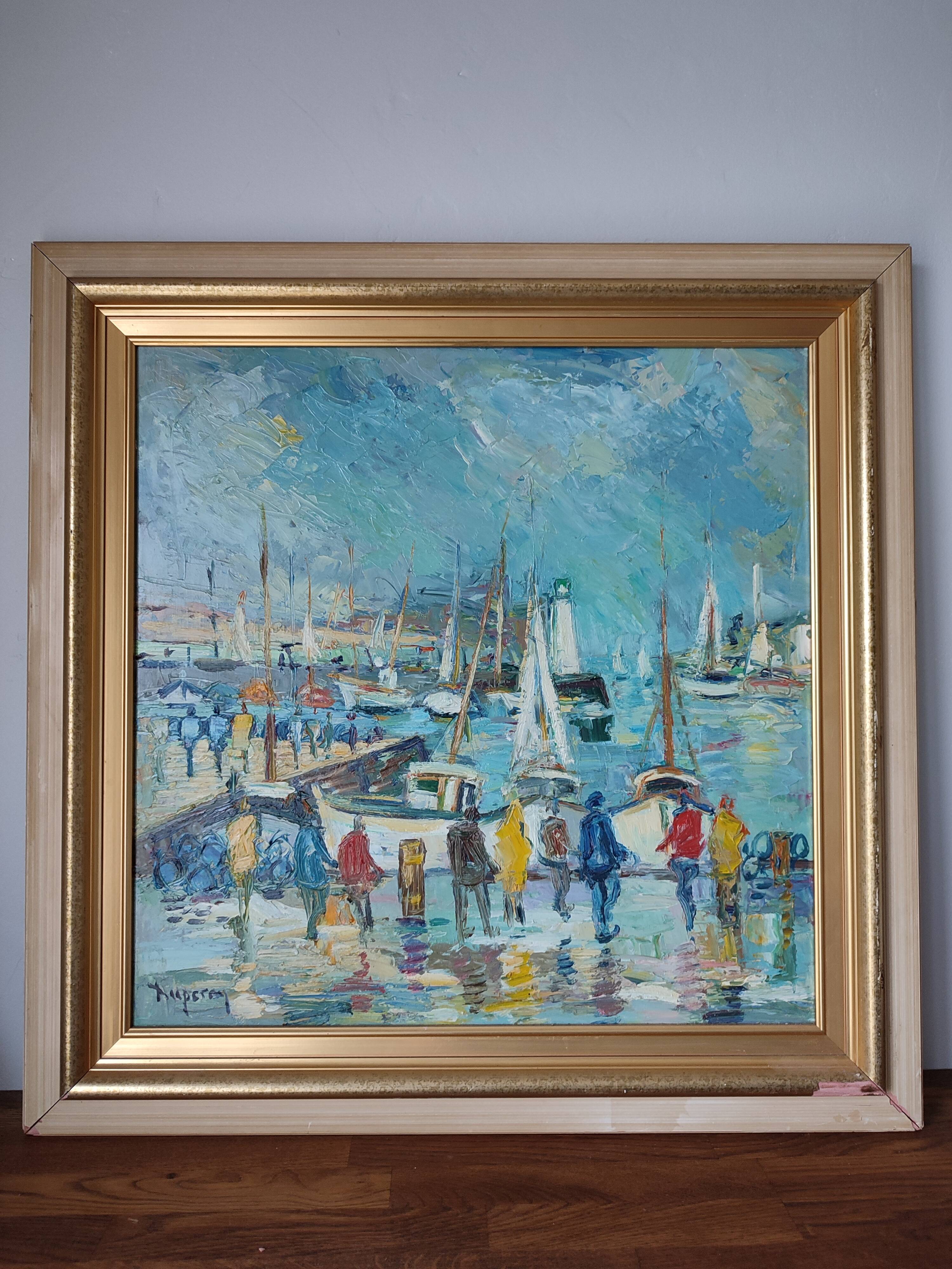 Oil painting on panel Alain Duperay port Breton, arrival of the fishermen