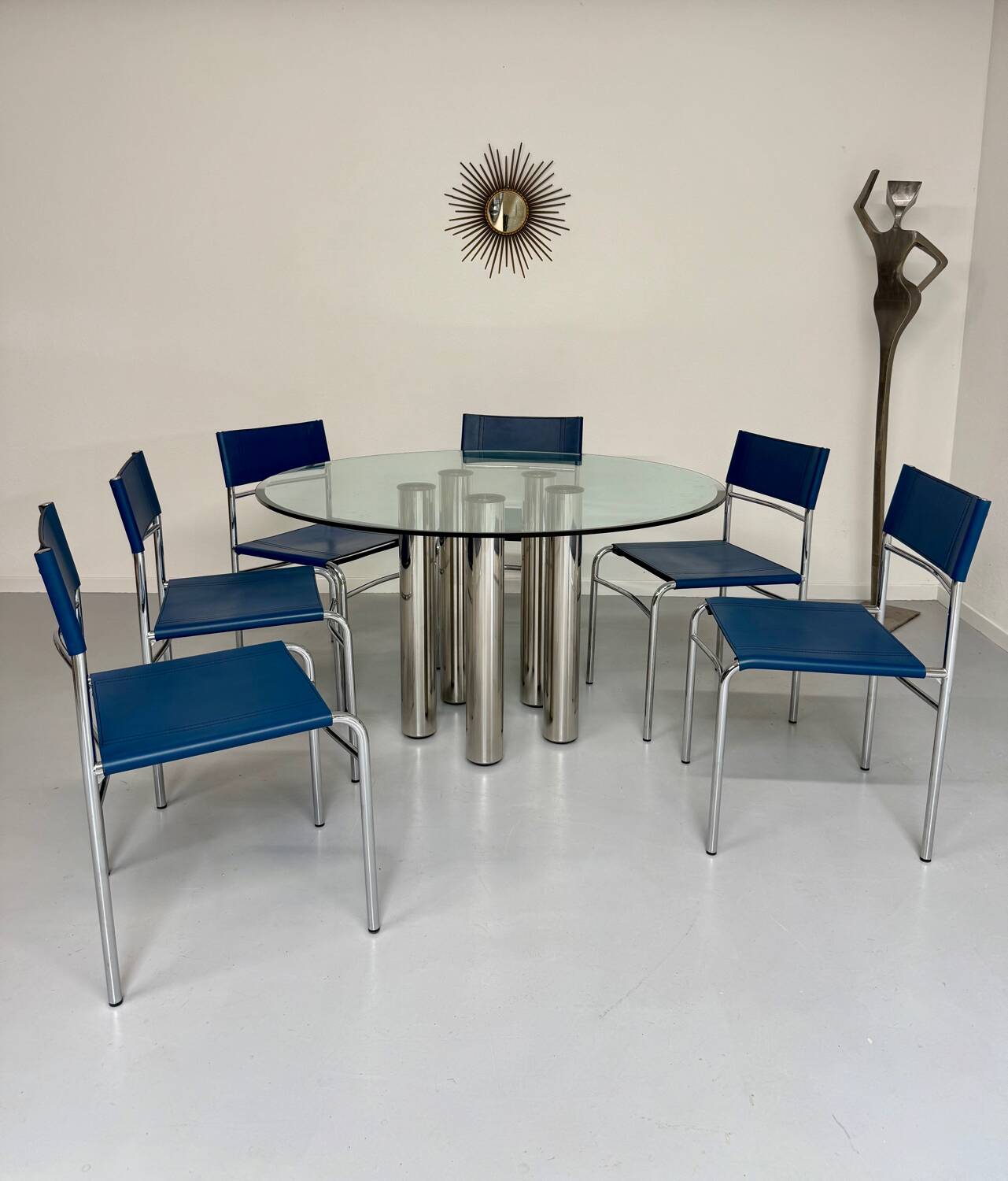 Table repas ronde verre et métal design italien des années 80 vintage