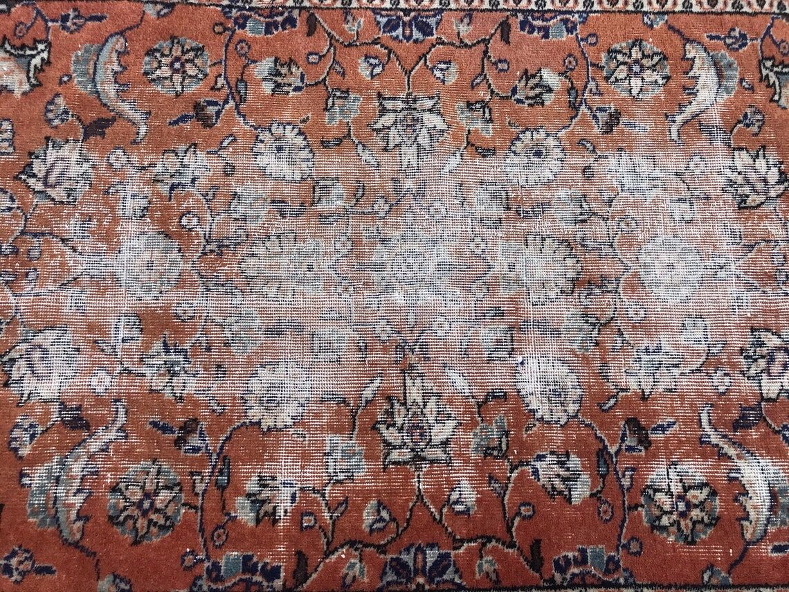Orange and Blue Handmade Oushak Rug with Flowers