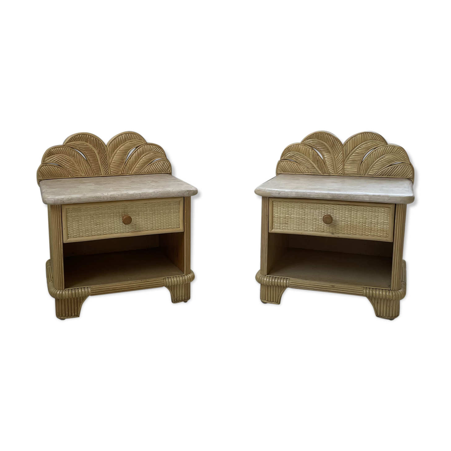 Pair of travertine bedside and rattan palm tree "vivai del sud"