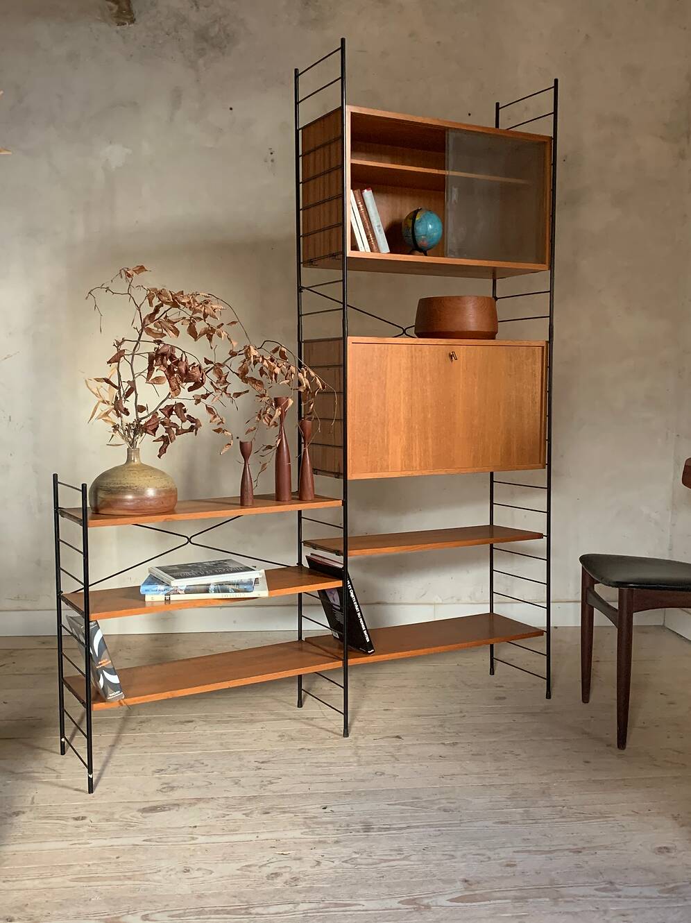 Vintage Scandinavian wire-framed metal and teak secretary bookcase set