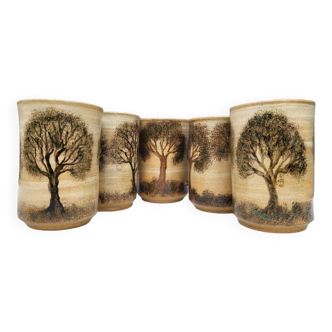 Set of 5 Nature Mugs forest decor on enamelled stoneware