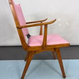 Vintage Italian wood accent chair in pink leatherette. Italy 1950s