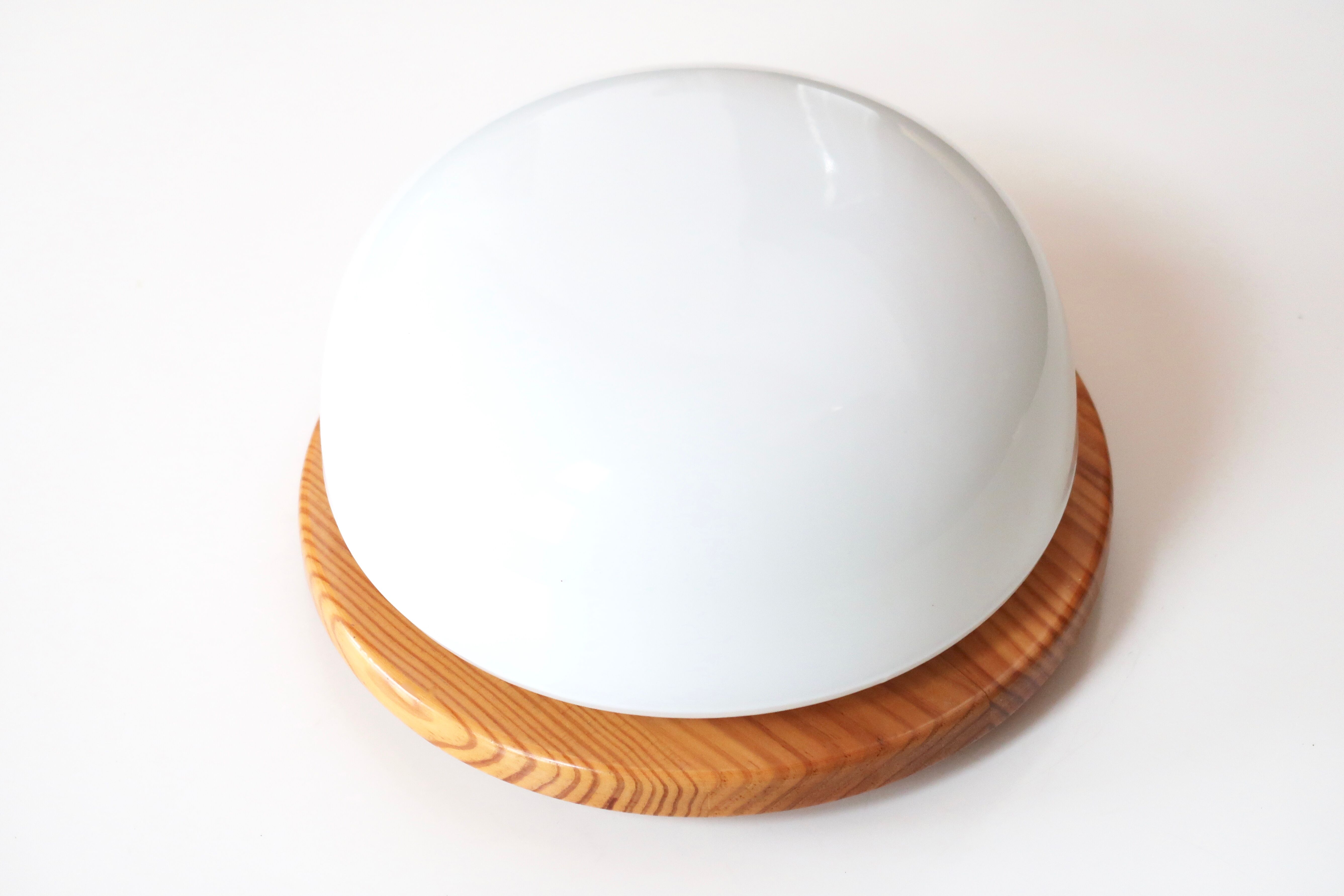 Ceiling lamp round wall lamp, pine base, opaque white glass, 70s