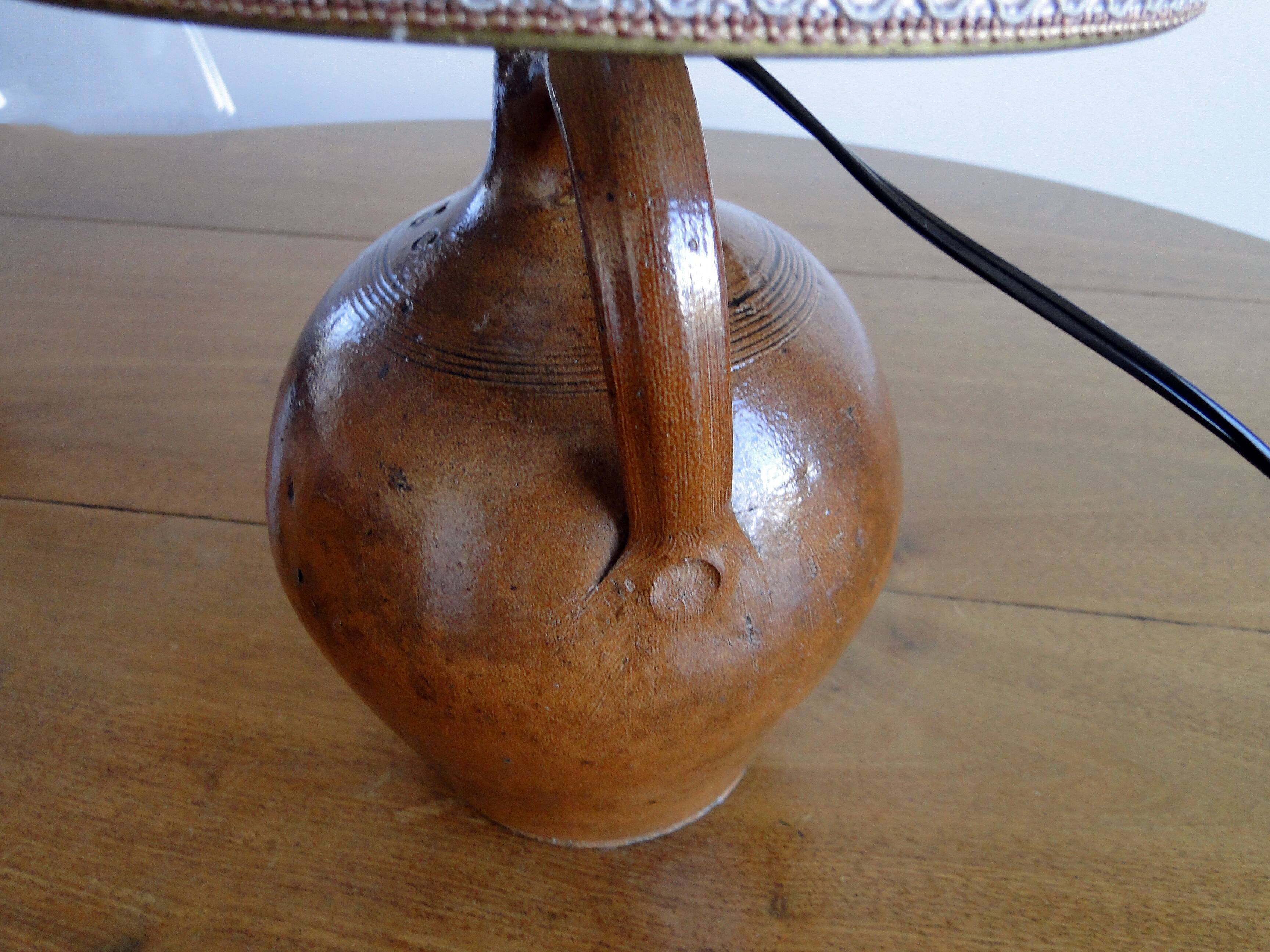 Vintage lamp 60s/70s foot glazed stoneware lampshade woven linen