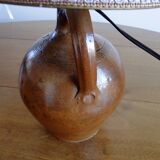 Vintage lamp 60s/70s foot glazed stoneware lampshade woven linen