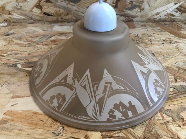 Ancienne paire suspension vianne verre moulé + décor + fil blanc vintage