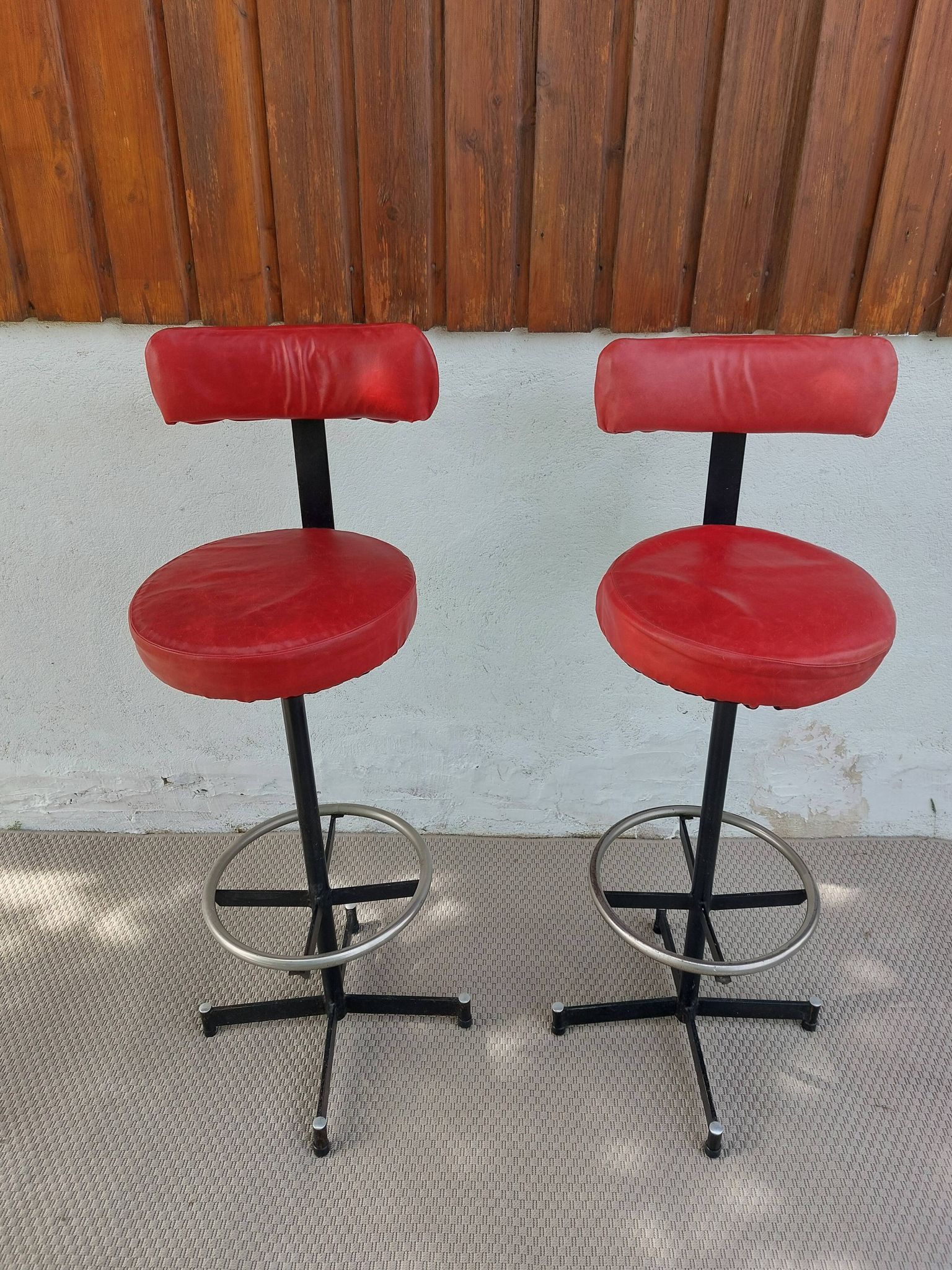 pair of high stools, leather, vintage, industrial