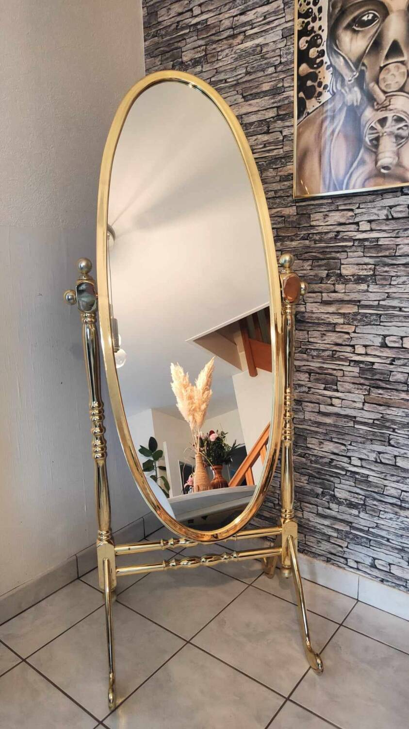 Vintage horse mirror in patinated steel with golden brass effect 1980