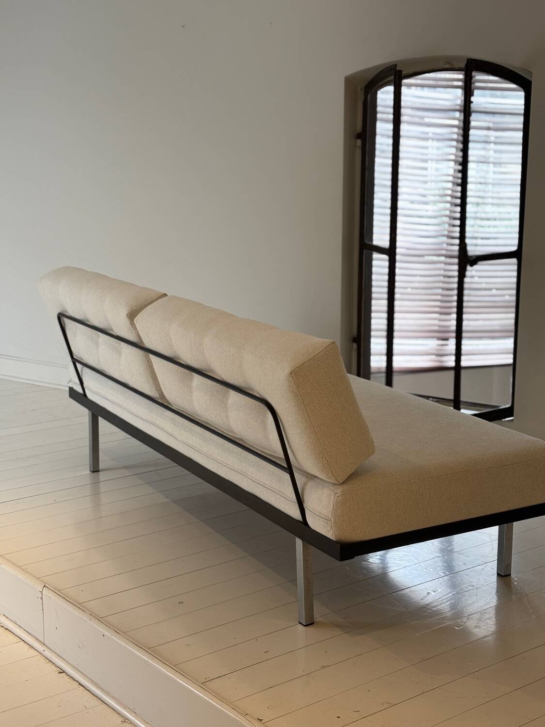 Modernist canapé design – Completely reupholstered in Pierre Frey fabric.