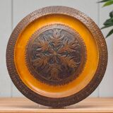 Vintage 1960s Hand-Carved Wooden Plate - Intricate Floral and Spiral